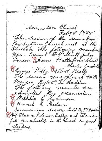 Handwritten church session record from 1888 with member names and meeting details.