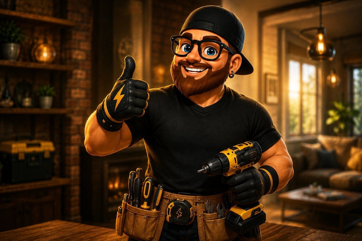 Smiling handyman giving thumbs up, holding a power drill indoors.