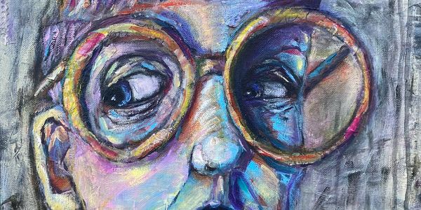 Abstract portrait of a person with large glasses and intense eyes.