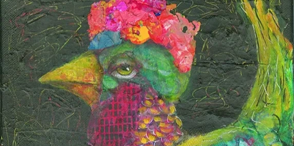 Colorful abstract painting of a bird with vibrant textures and patterns.