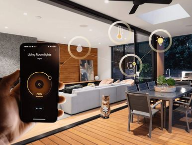 Smartphone controlling outdoor and indoor lighting remotely.
