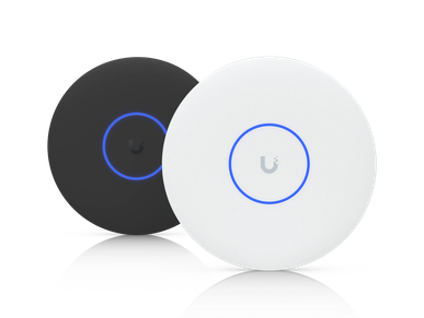 Two round wireless access points, one black and one white.