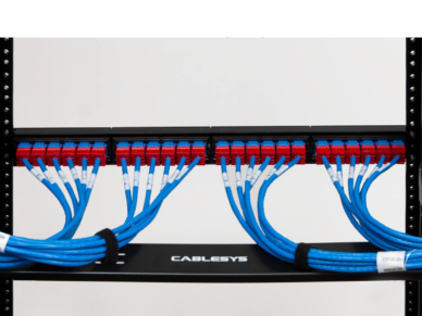 Organized blue network cables connected to a patch panel.
