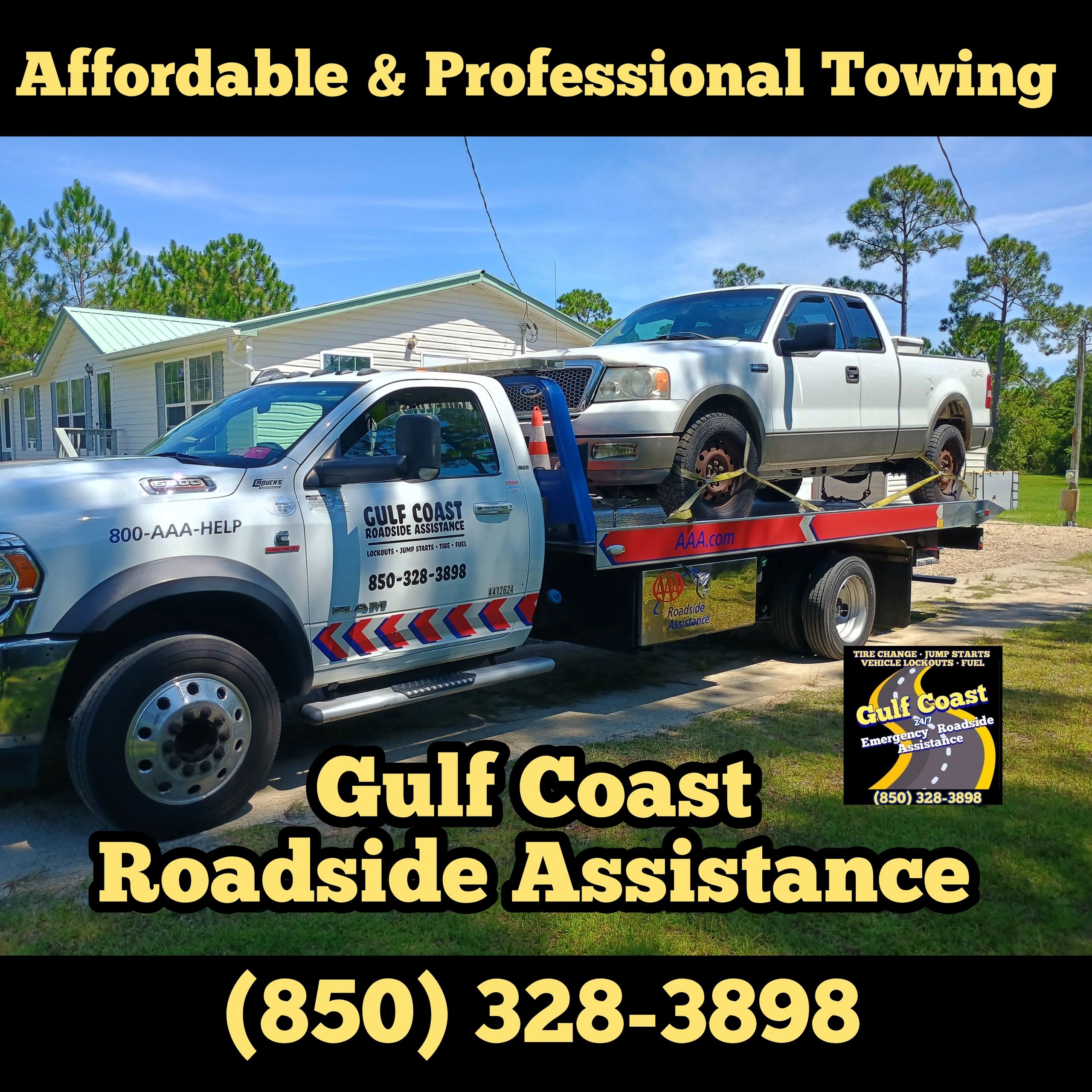 Image of Gulf Coast Roadside Assistance Tow Truck with vehicle loaded on it in Port St Joe, FL.