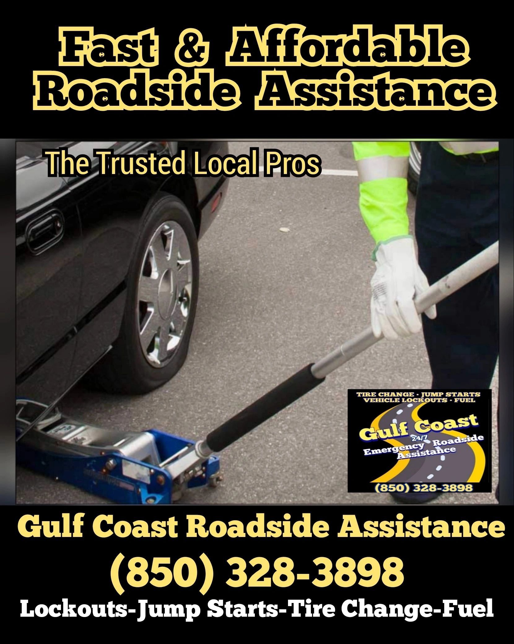 Image of Gulf Coast Roadside Assistance Technician changing a flat tire on Cape San Blas Florida.