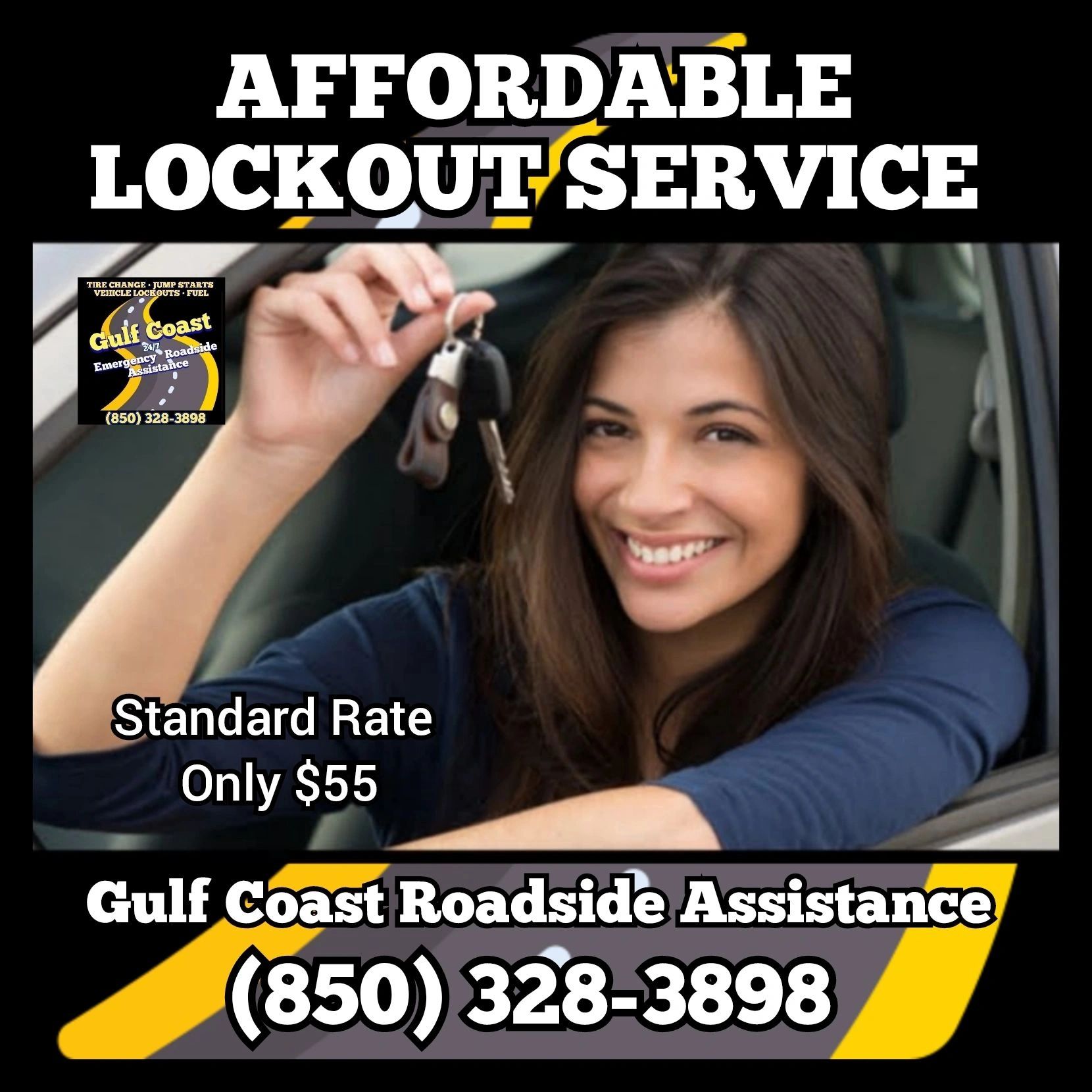 Image of woman with keys in her hand after Gulf Coast Roadside Assistance unlocked her car door.