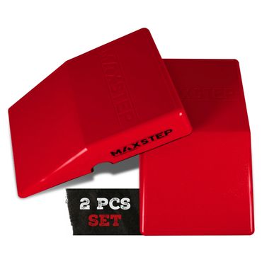 Two red Maxstep workout wedges, angled and flat, shown in a 2-piece set.