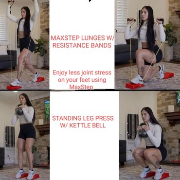 Woman demonstrating MaxStep lunges with resistance bands and standing leg press with kettlebell.
