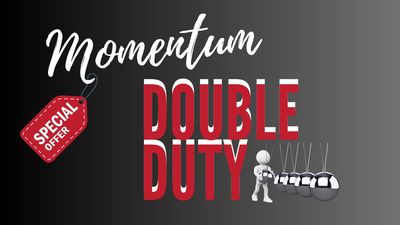 Momentum Double Duty special offer with Newton's cradle illustration.