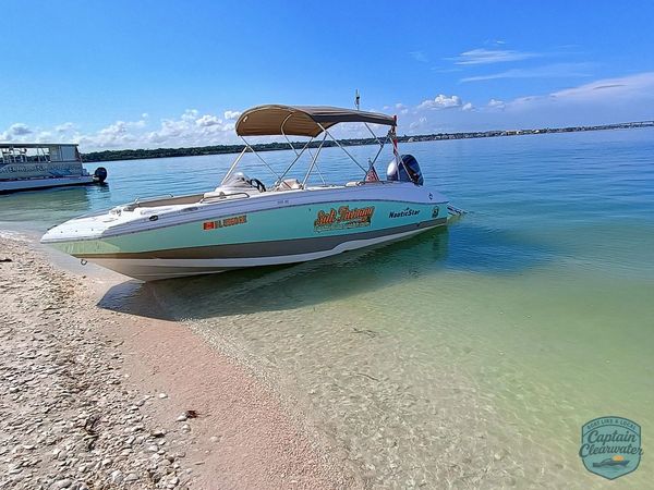 Salt Therapy charter boat beached on a shell island near Clearwater Marine Aquarium during a private boat tour