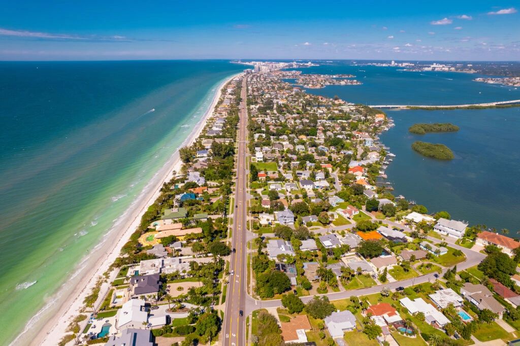 Aerial view of Indian Rocks Beach with Gulf and Intracoastal, ideal for boat rentals and charters