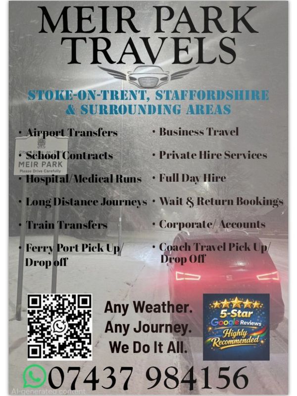 Flyer for Meir Park Travels offering various travel services in Stoke-on-Trent and surrounding areas.