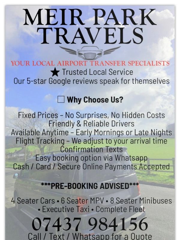 Advertisement for Meir Park Travels airport transfer services with fixed prices and reliable drivers.