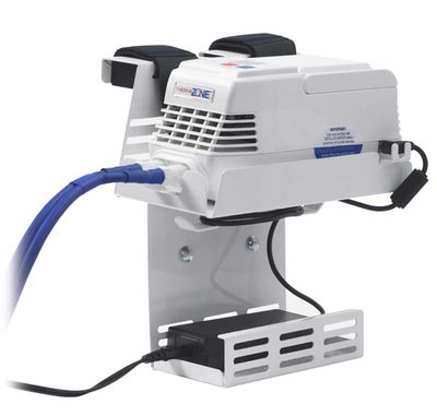 Metal powder coated bracket securely holds the ThermaZone® device and attaches to patients’ hospital