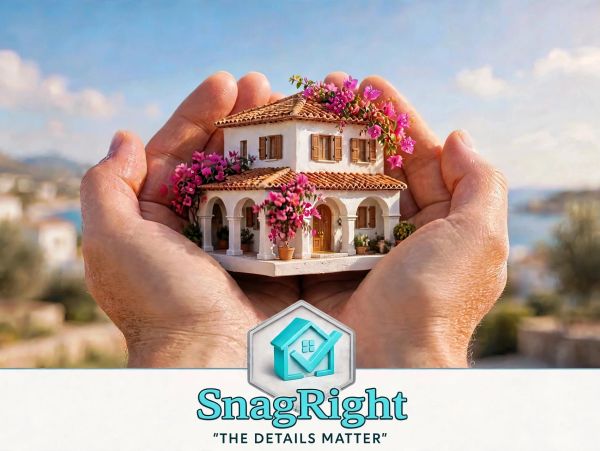 Hands holding a miniature house with flowers, SnagRight logo below.