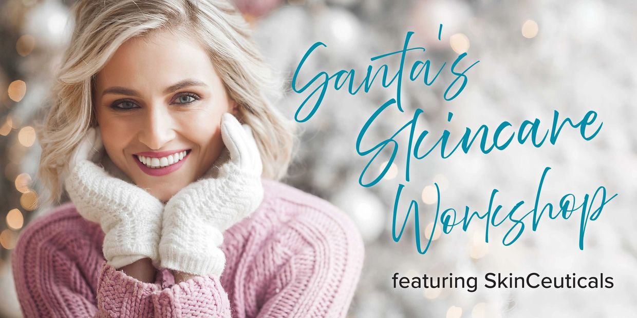 Santa's Skincare Workshop, featuring SkinCeuticals. Smiling blonde woman wearing mittens.
