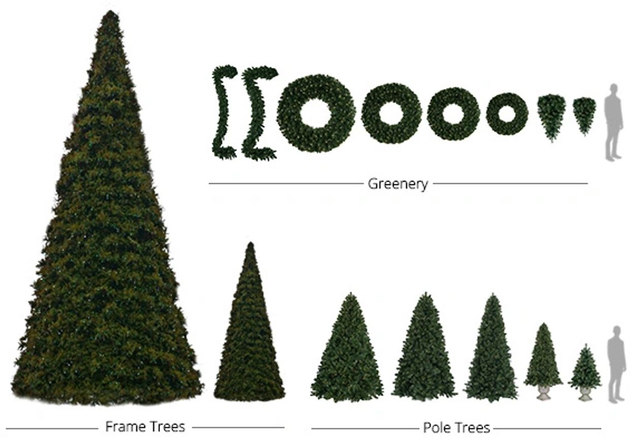 illustration showing scale of  oversized  Christmas trees and wreaths available