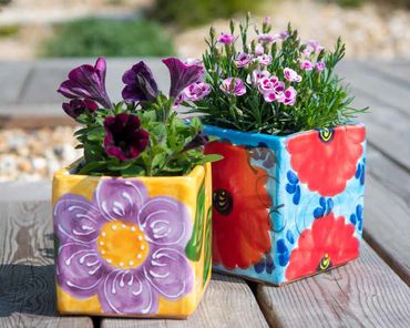 unique Terra Cotta Planters hand painted made in Spain mini cube planters