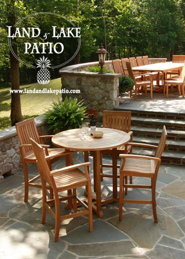 teak dining and bar sets on two tiered patio