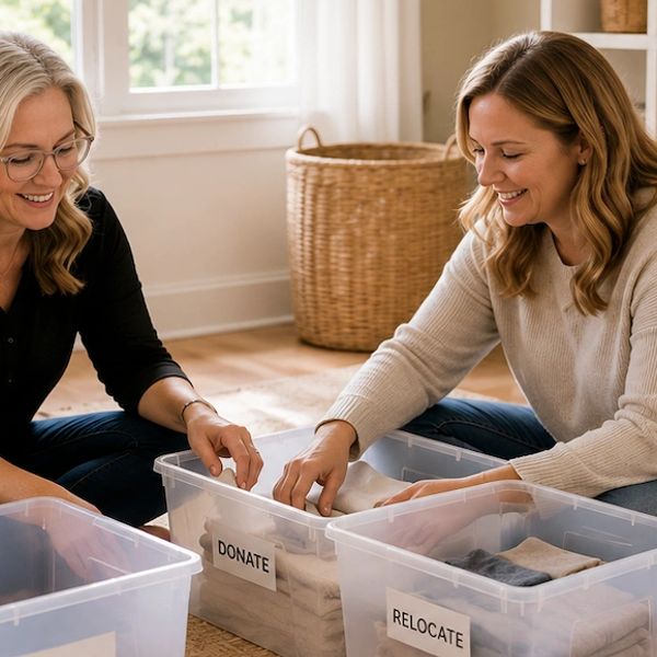 Two women organizing clothes into labeled bins.