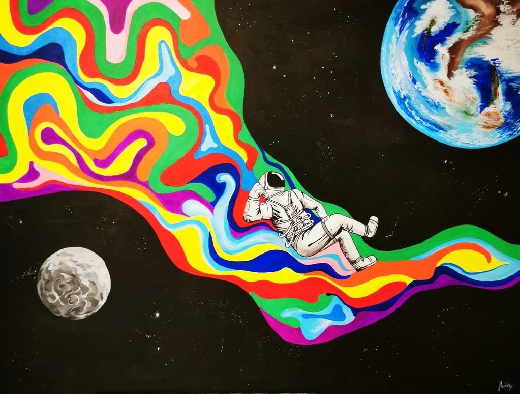 Floating Free astronaut floating between earth and moon riding a psychedelic wave