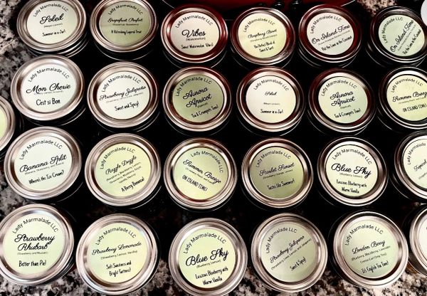 Various Lady Marmalade LLC jam jars on display.