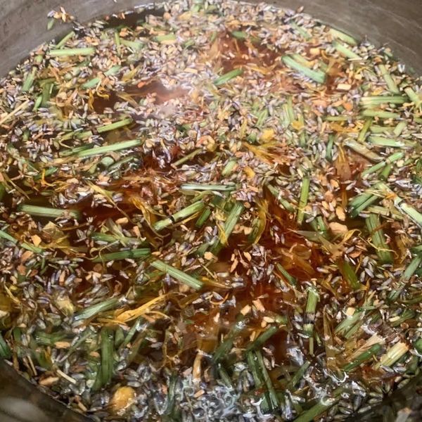 A pot simmering with herbs and spices in liquid.