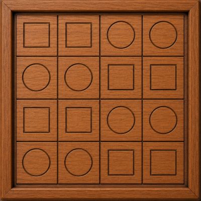 Wooden board with carved squares and circles in a grid pattern.