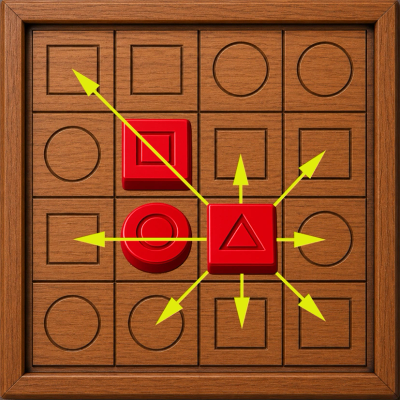 Wooden board game with red pieces and arrows.