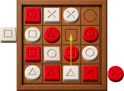 Wooden board game with red and white pieces.