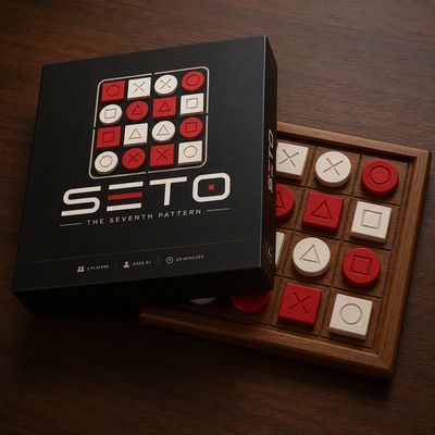 A strategy board game named SETO with red and white pieces.