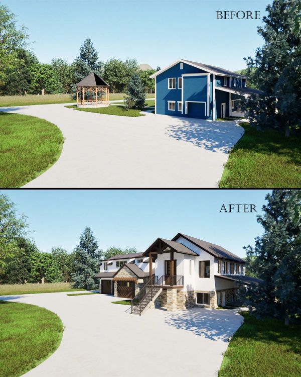 Before and after renderings of a home in Heber with a significant addition featuring a garage, secon