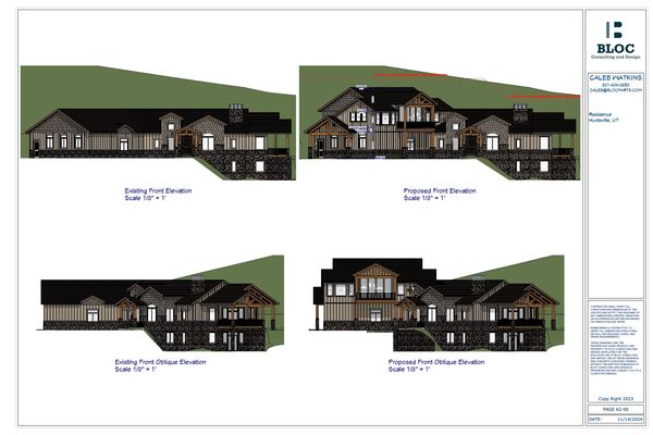 An image of the elevation page from a remodel plan set showing the maximum height allowed for the bu