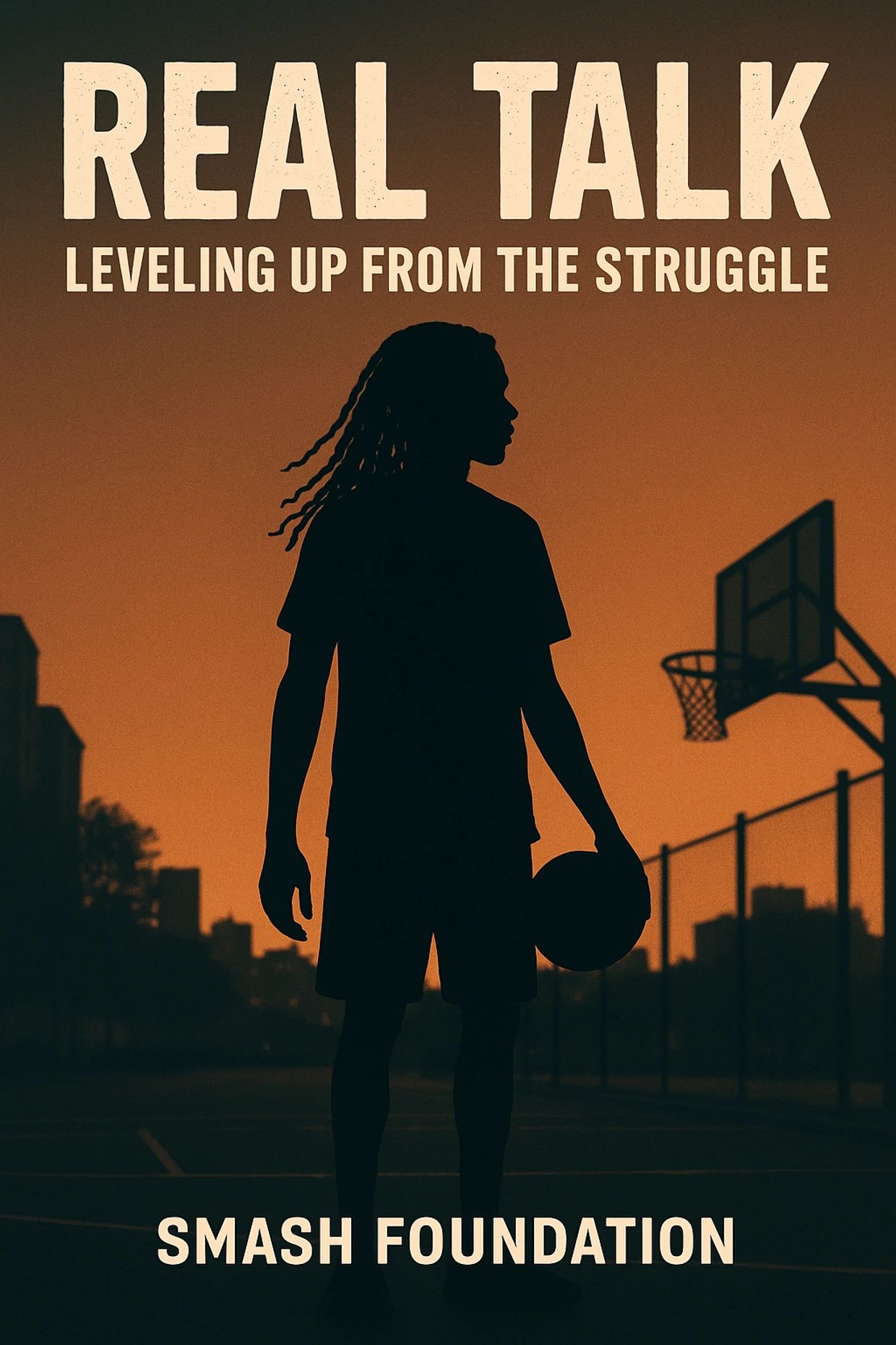 Silhouette of a basketball player at sunset with motivational text above.