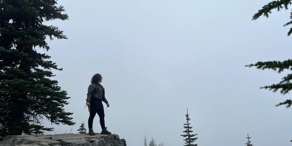 Person standing on a rocky ledge surrounded by trees and fog.