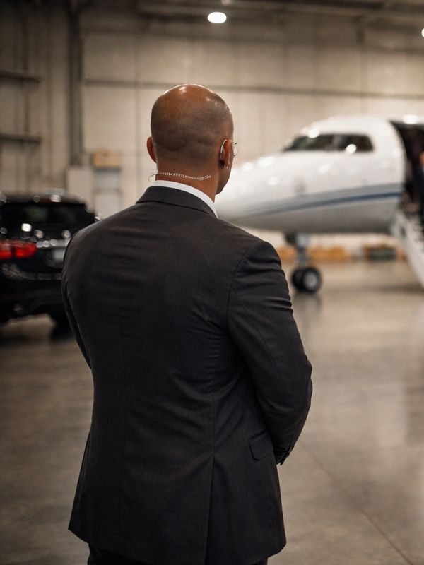 Two men in suits standing in front of a private jet inside a hangar.