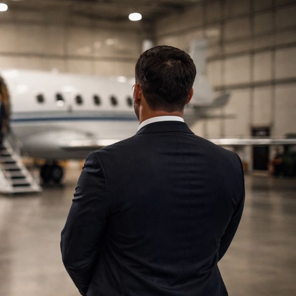 Two men in suits standing in front of a private jet inside a hangar.