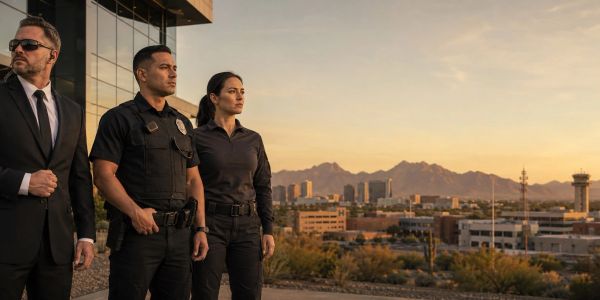 Three serious law enforcement officers overlooking a cityscape at sunset.