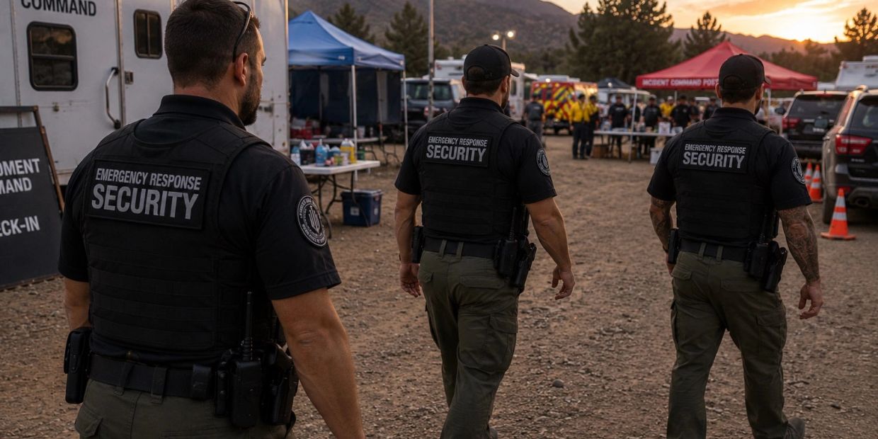 Three emergency response security personnel walking at an outdoor incident command post.