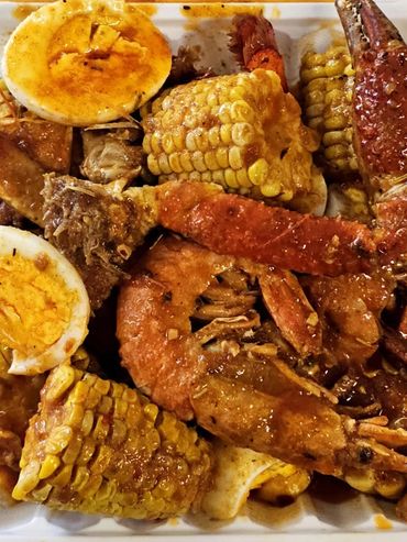 Seafood, shrimps, eggs, Crab meat and corn