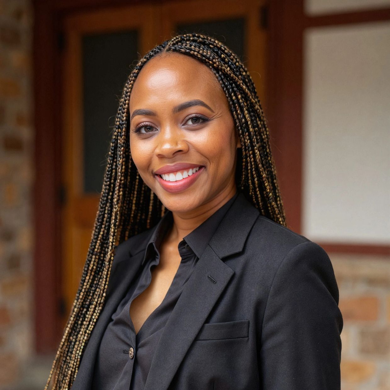 Smiling woman with braided hair in black blazer.