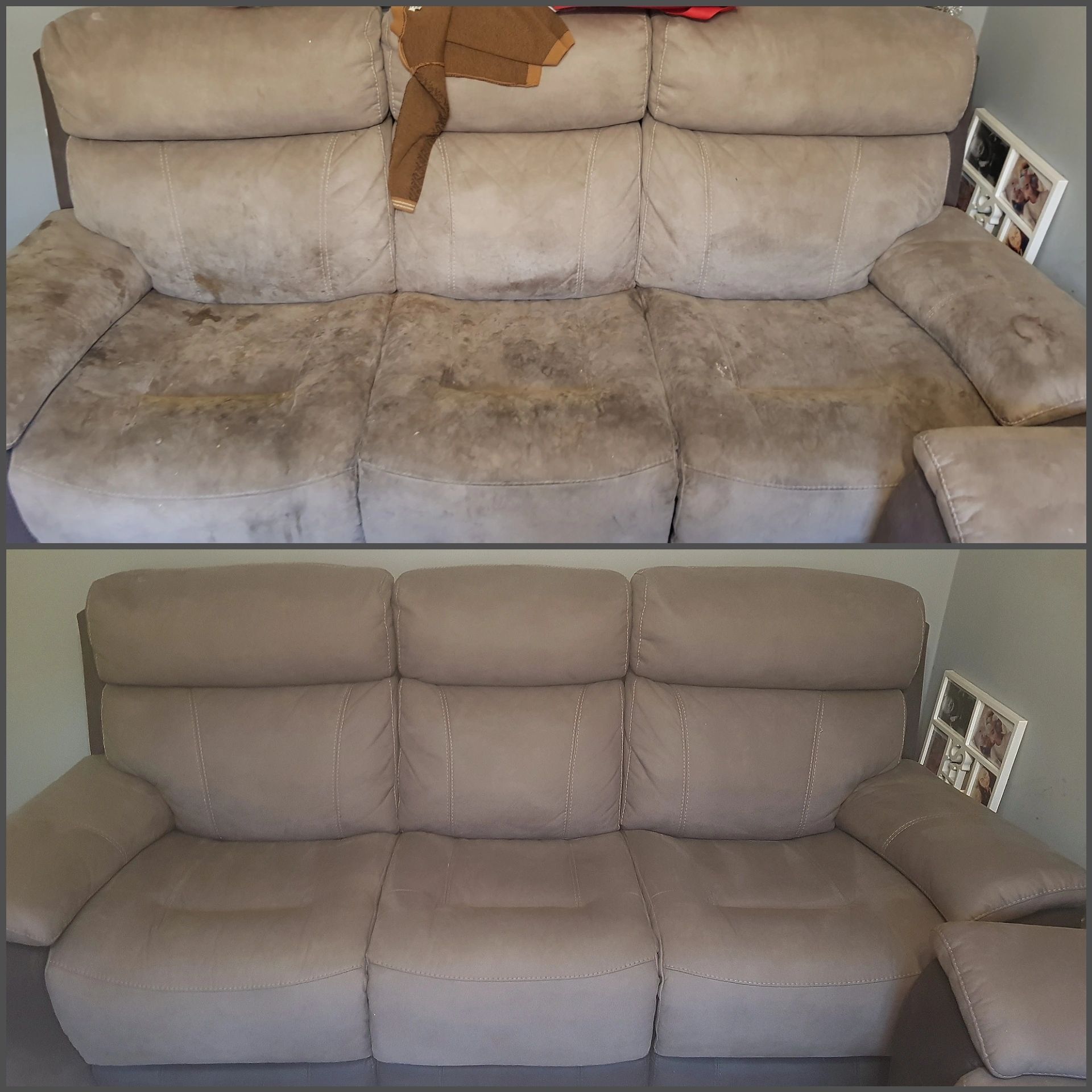 Suede sofa being professionally cleaned at carpetmonsters carpet cleaners leeds 