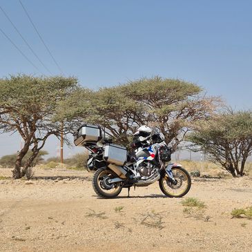 A motorcyclist in full gear rides a touring bike in a desert landscape.