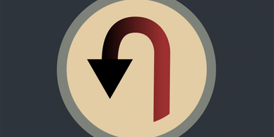 A circular sign with a red arrow creating a u-turn, becoming black.