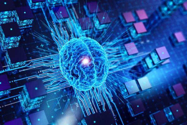 A glowing digital brain connected to a circuit board, symbolizing AI.