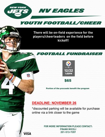 NY Jets and NV Eagles youth football/cheer fundraiser with on-field experience before kickoff.