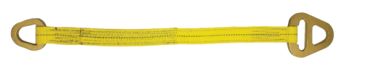 Yellow lifting sling strap with triangular metal ends.