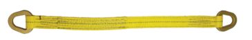 A yellow lifting sling with metal hooks on both ends.