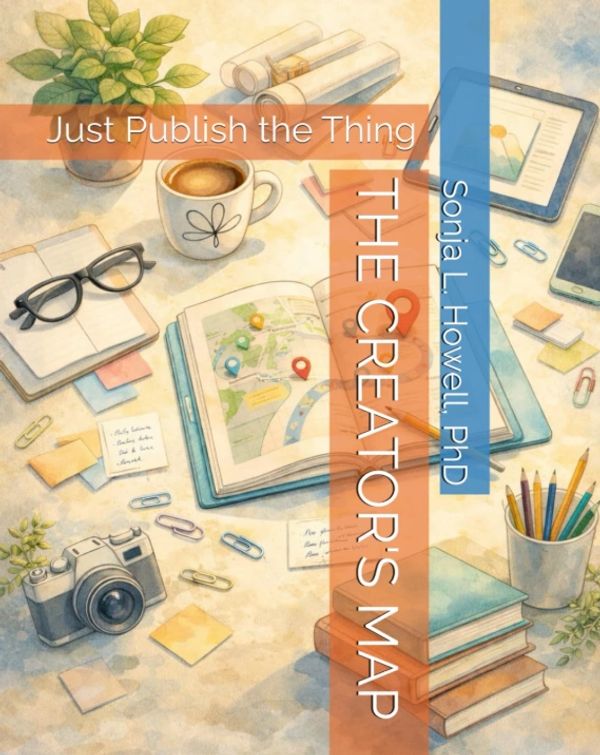 Creative workspace with books, maps, camera, and coffee cup illustrating content creation theme.