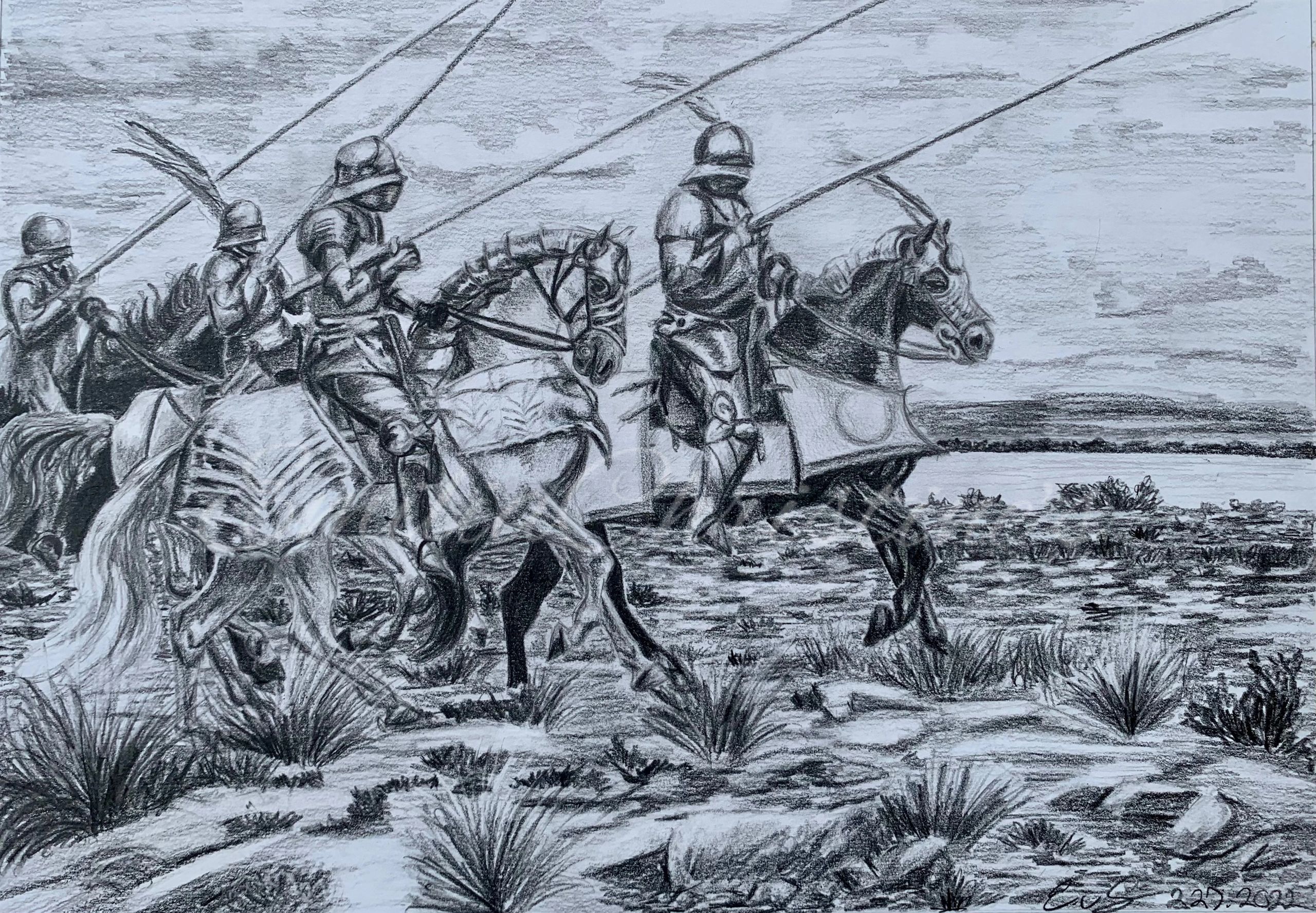 Knights on horseback riding through Irish countryside